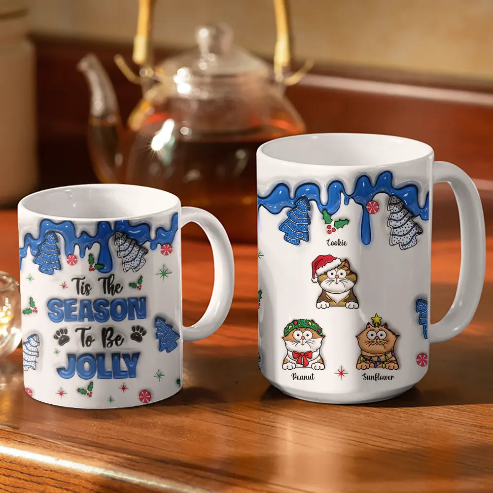 Meowy Catmas Funny Cartoon Cats - 3D Inflated Effect Printed Mug, Personalized White Edge-to-Edge Mug