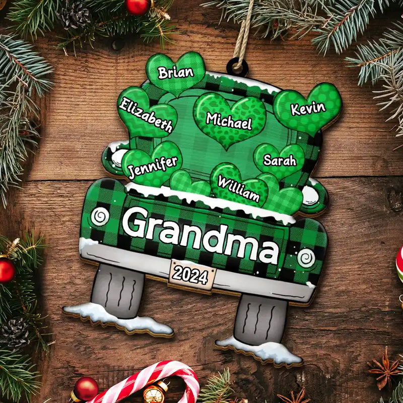 Décoration en bois personnalisée représentant un camion de chargement de cœurs pour maman, papa, grand-mère et grand-père