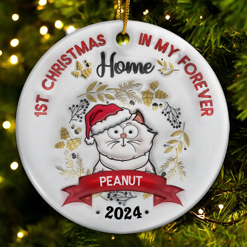 Cat's First Christmas - 3D Inflated Effect Printed Ornament, Personalized Circle Ceramic Ornament
