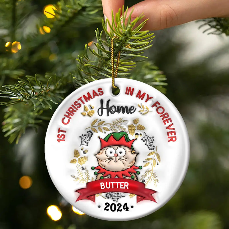 Cat's First Christmas - 3D Inflated Effect Printed Ornament, Personalized Circle Ceramic Ornament