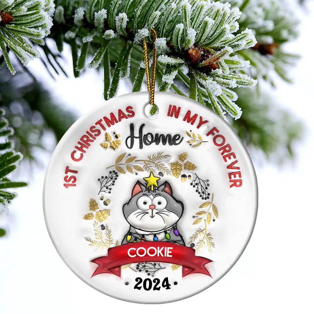 Premier Noël du chat - Ornement imprimé effet gonflable 3D, ornement circulaire en céramique personnalisé 