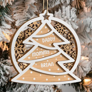 Sapin de Noël avec noms de famille - Décoration en bois personnalisée à 2 couches 