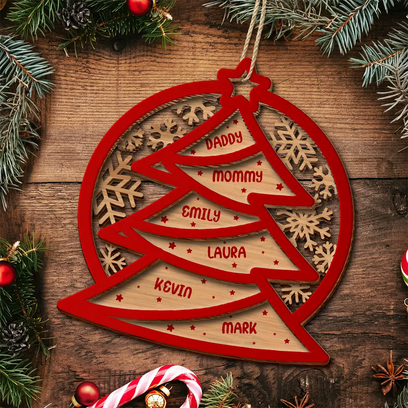 Sapin de Noël avec noms de famille - Décoration en bois personnalisée à 2 couches 