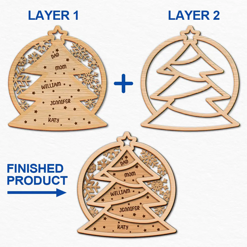 Sapin de Noël avec noms de famille - Décoration en bois personnalisée à 2 couches 