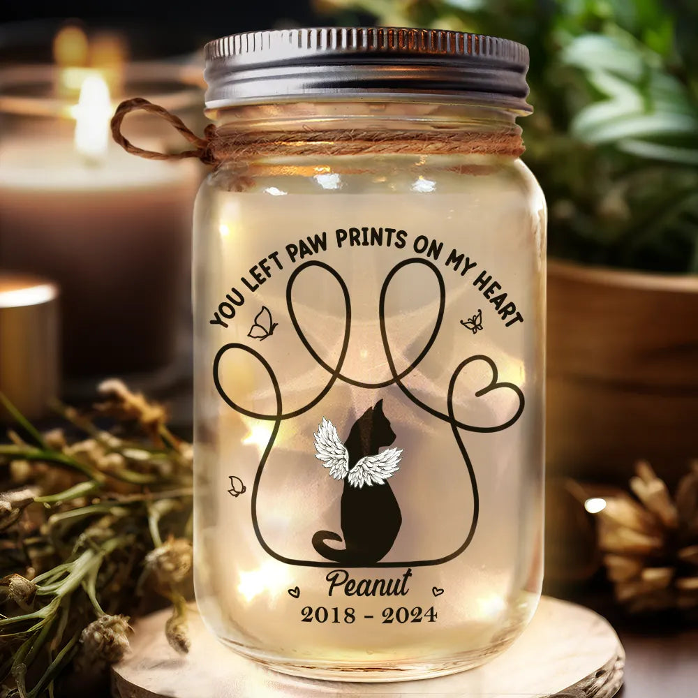Memorial Cat You Left Paw Prints On My Heart - Personalized Mason Jar Light