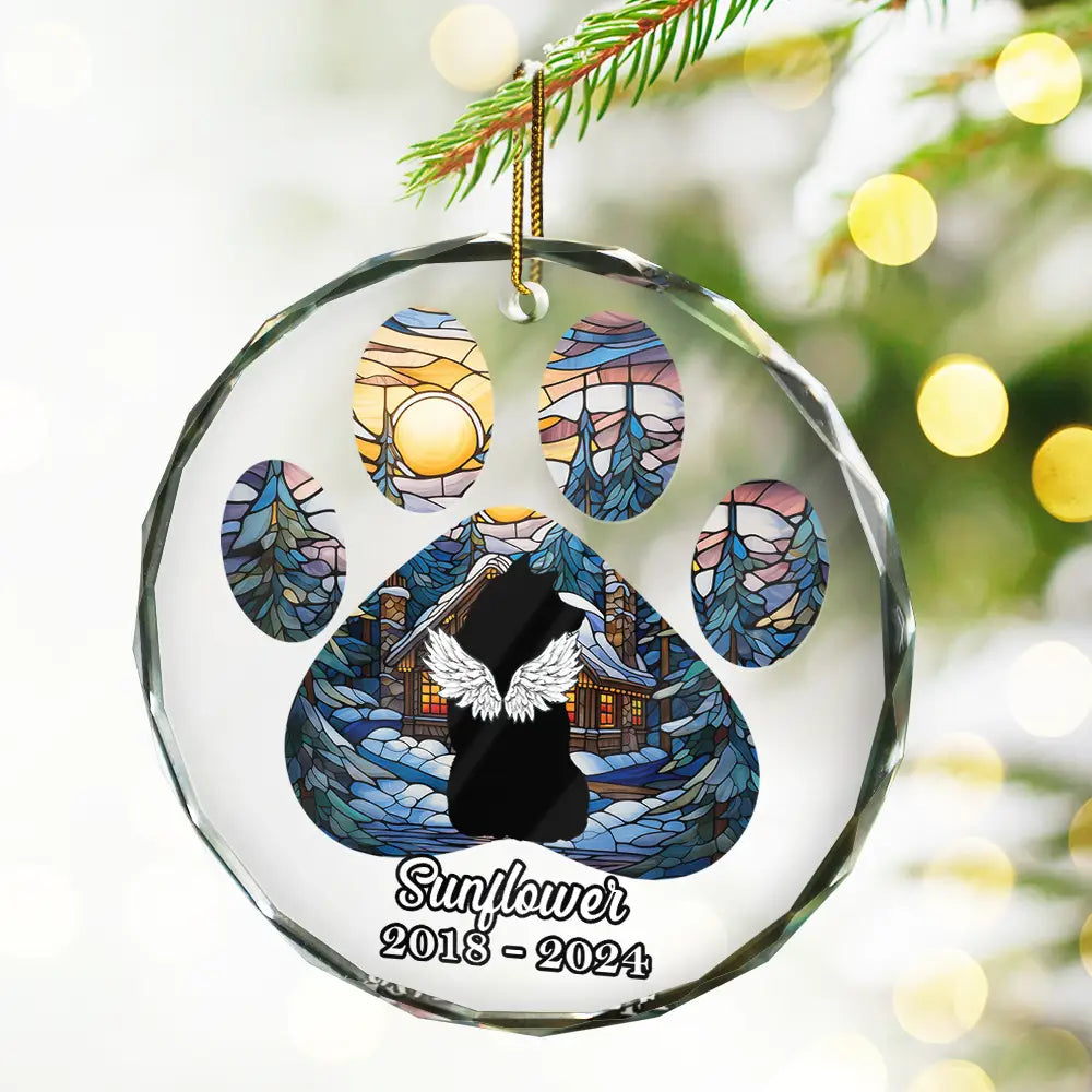 Christmas Memorial Dog Loss Pet Paw - Personalized Circle Glass Ornament