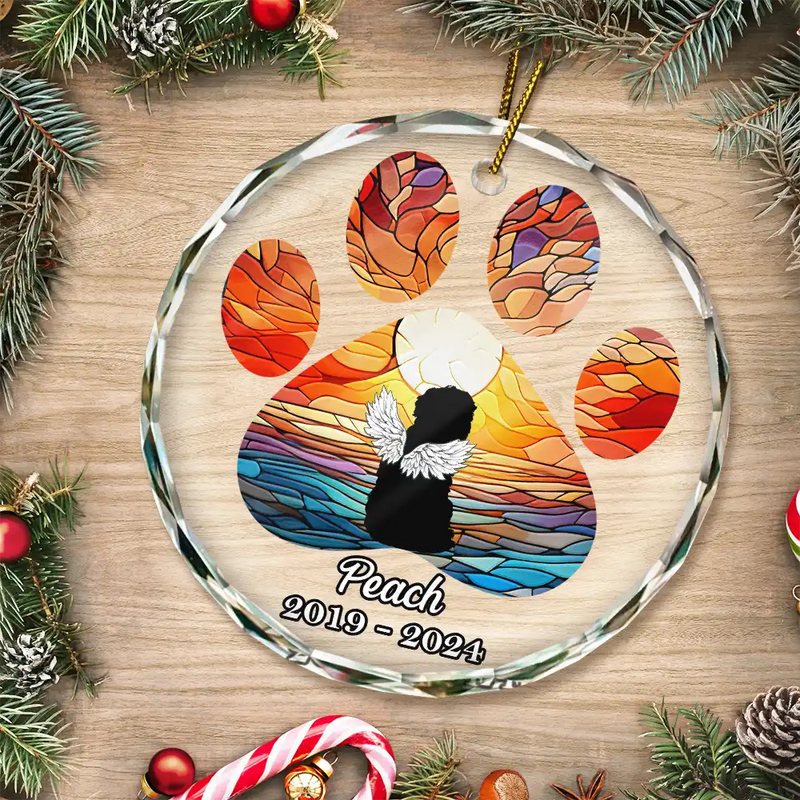 Christmas Memorial Dog Loss Pet Paw - Personalized Circle Glass Ornament