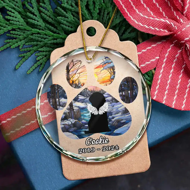 Christmas Memorial Dog Loss Pet Paw - Personalized Circle Glass Ornament