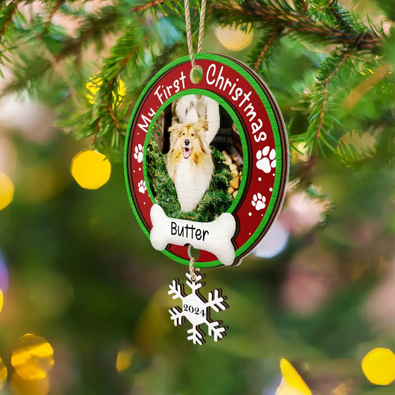 Custom Photo Dog Cat Pet's First Christmas - Personalized Mix Ornament With Wooden Tag