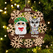 Snowflake Christmas Dogs Cats - Personalized Wooden Cutout Ornament