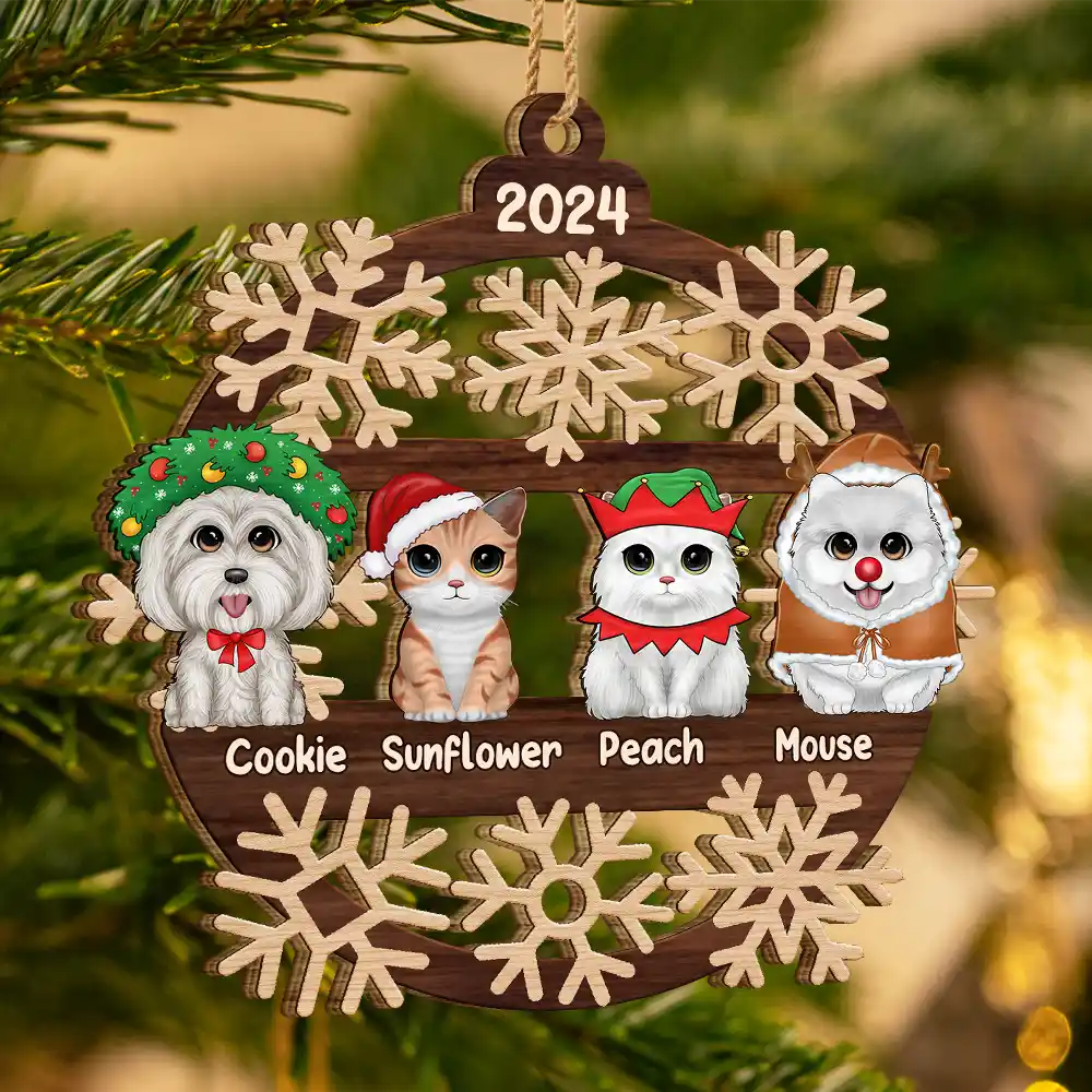 Snowflake Christmas Dogs Cats - Personalized Wooden Cutout Ornament