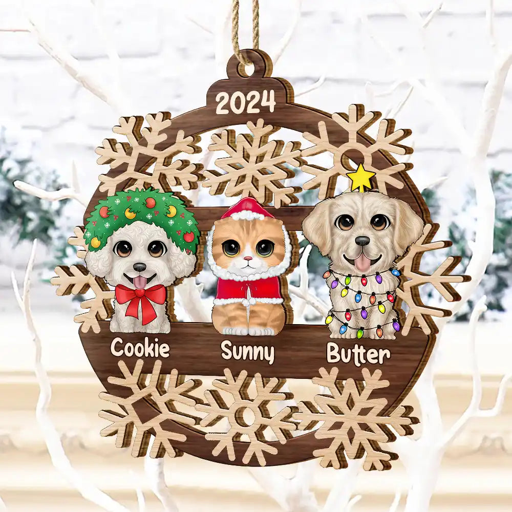 Snowflake Christmas Dogs Cats - Personalized Wooden Cutout Ornament