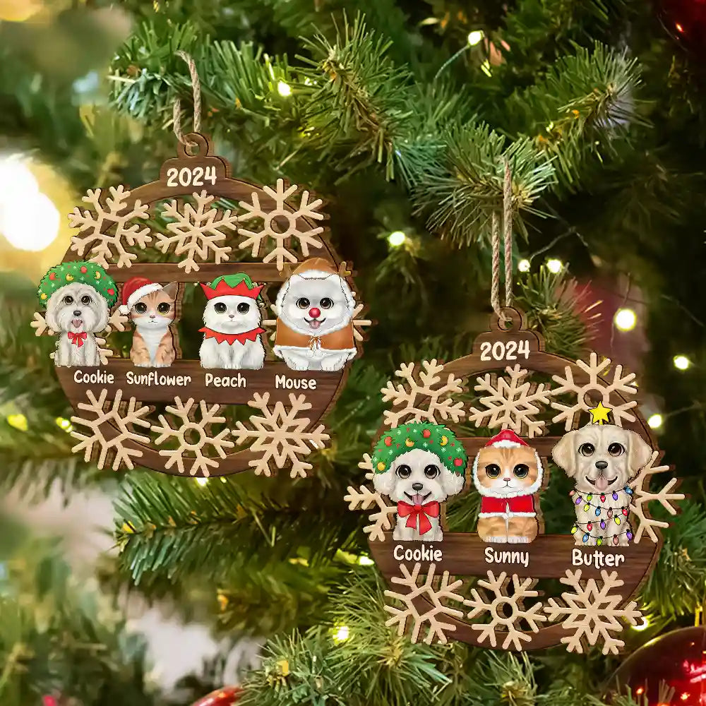 Snowflake Christmas Dogs Cats - Personalized Wooden Cutout Ornament