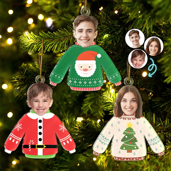 Pull de Noël personnalisé avec photo humoristique et visages de famille - Décoration en acrylique découpée personnalisée 