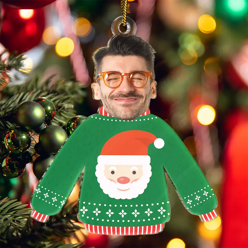 Custom Photo Funny Family Faces Hanging Christmas Sweater - Personalized Cutout Acrylic Ornament