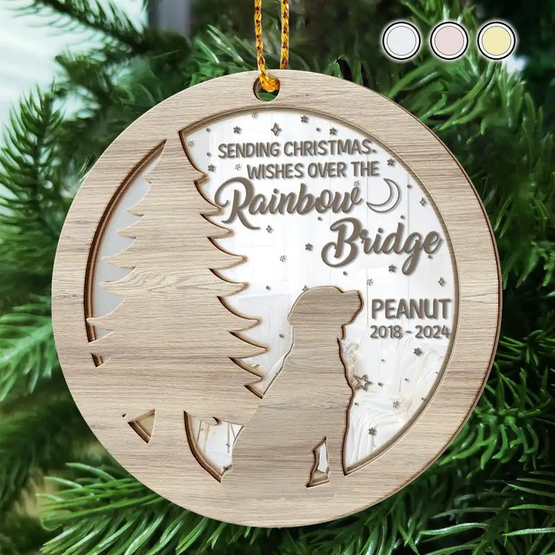 Memorial Dog Sending Christmas Wishes Over The Rainbow Bridge - Personalized Mirror Ornament