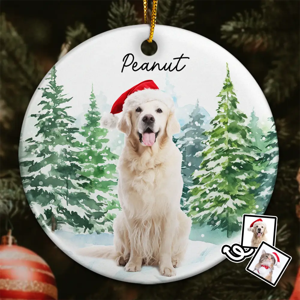 Custom Photo Dog Cat Christmas - Personalized Circle Ceramic Ornament