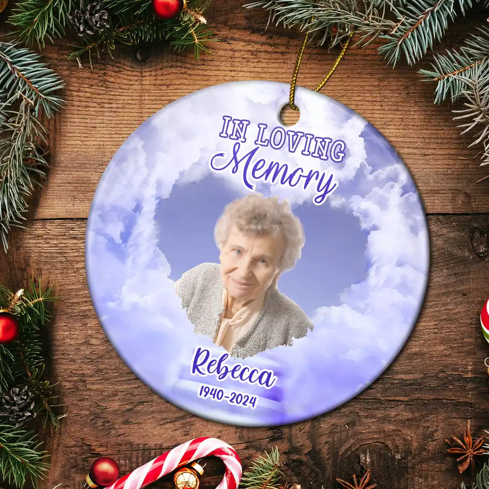 Memorial - Custom Photo Forever In Our Hearts Memorial - Personalized Circle Ceramic Ornament
