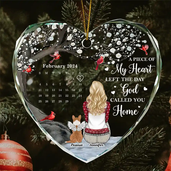 Memorial, Pet Lovers - Memorial Dog Cat The Day God Called You Home Calendar - Personalized Heart Shaped Glass Ornament
