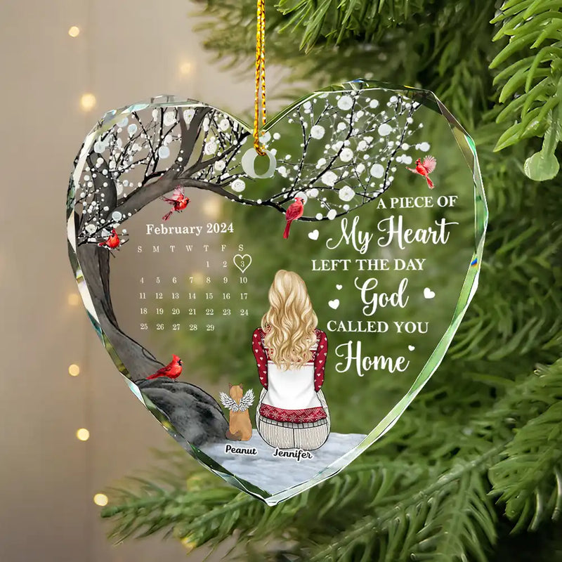 Memorial, Pet Lovers - Memorial Dog Cat The Day God Called You Home Calendar - Personalized Heart Shaped Glass Ornament