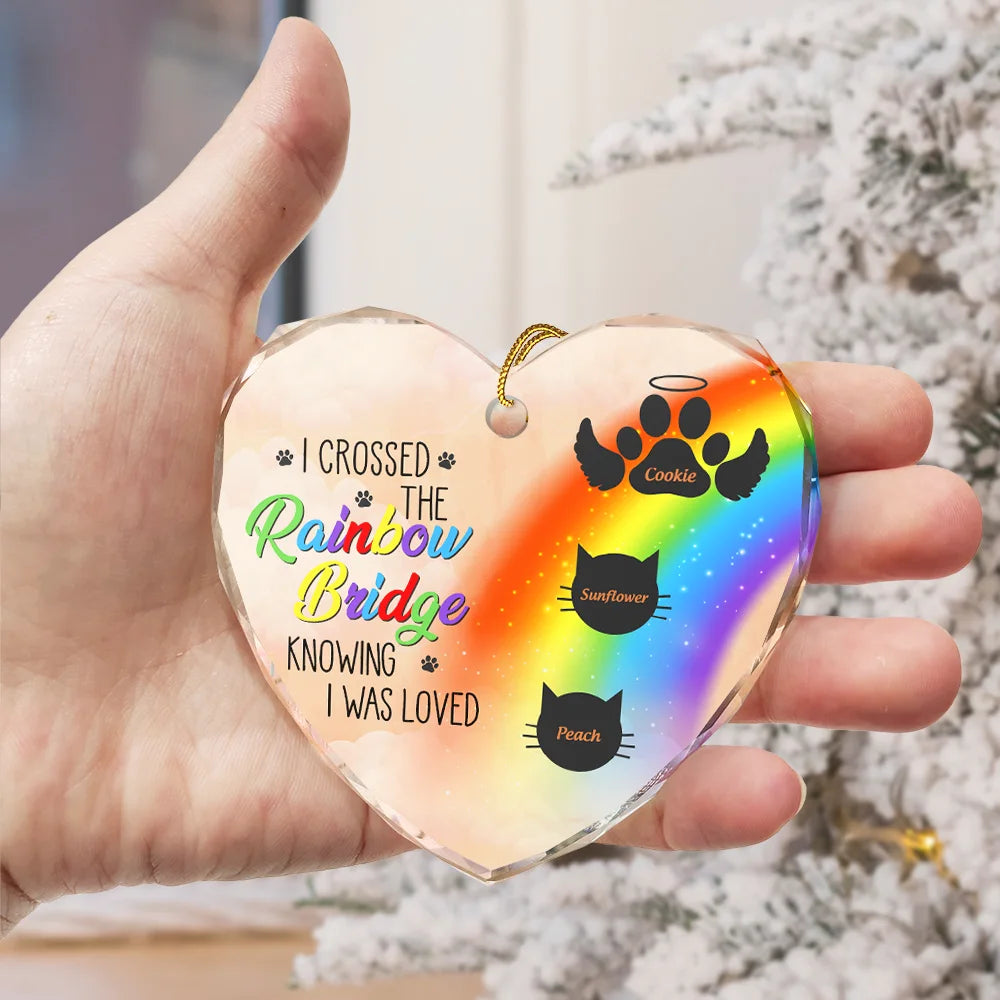 Memorial, Pet Lovers - Memorial Dog Cat A Piece Of My Heart Is At The Rainbow Bridge - Personalized Heart Shaped Glass Ornament