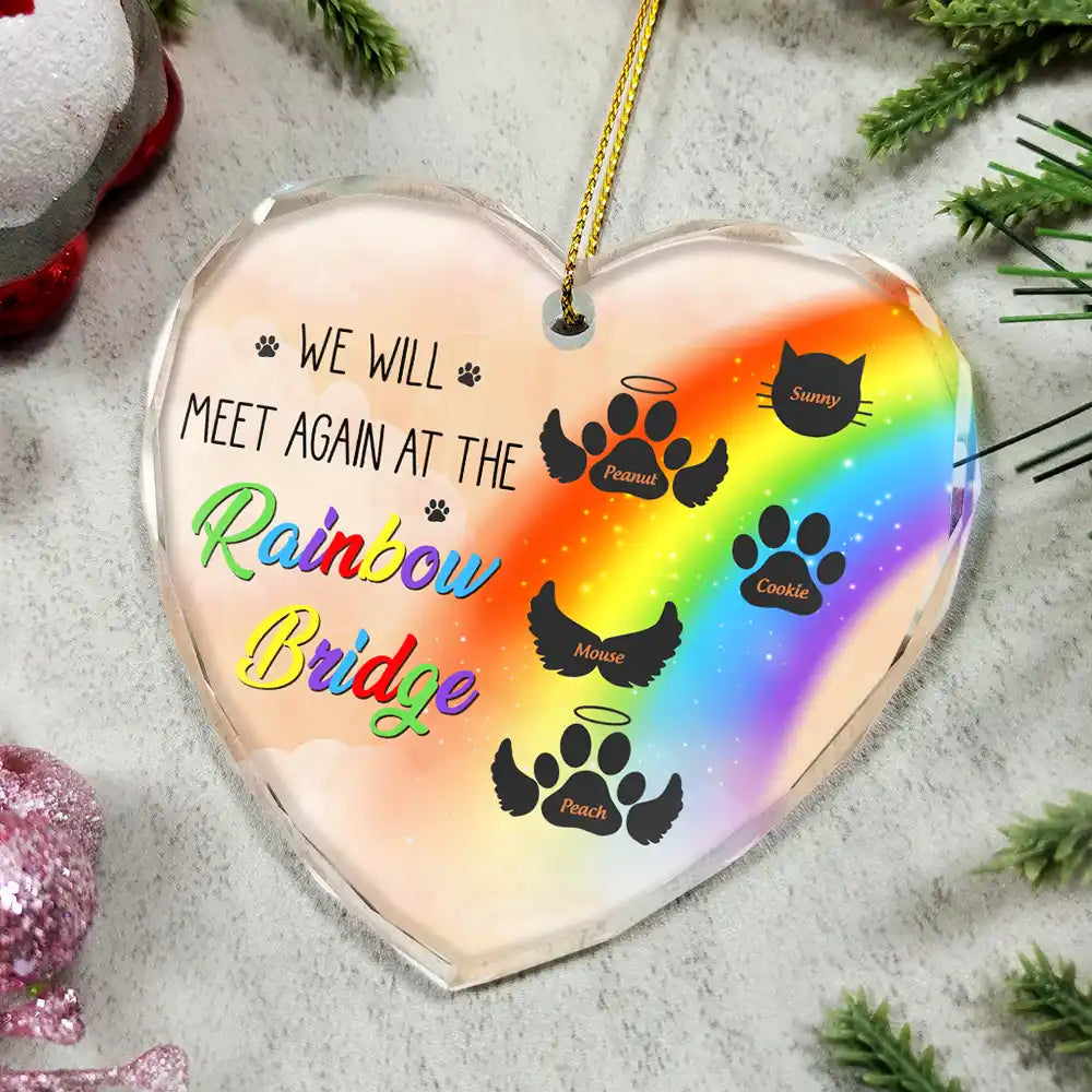 Memorial, Pet Lovers - Memorial Dog Cat A Piece Of My Heart Is At The Rainbow Bridge - Personalized Heart Shaped Glass Ornament