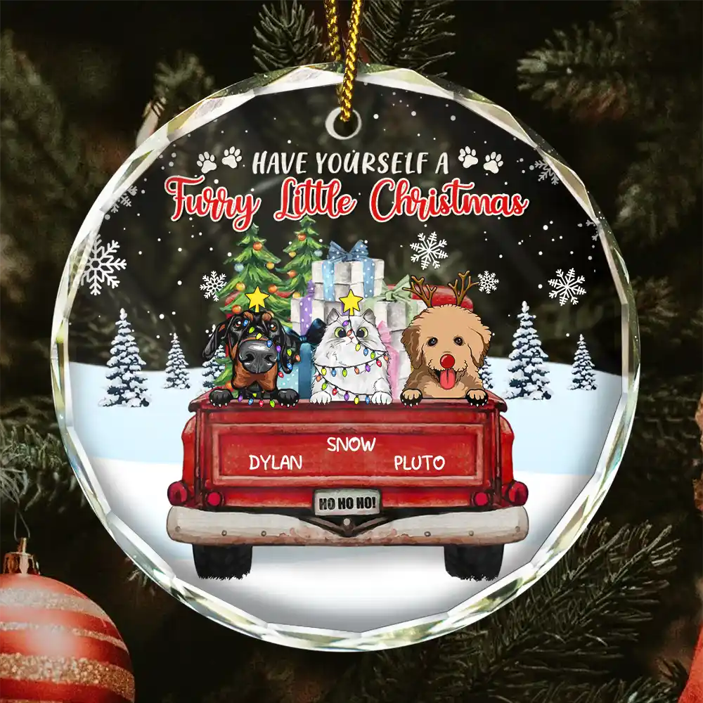 Dogs Cats Have Yourself A Furry Little Christmas - Personalized Circle Glass Ornament