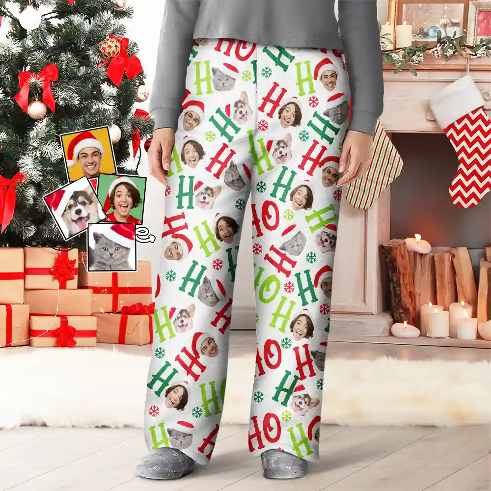 Pet Lovers, Dog Lovers, Cat Lovers - Custom Photo Funny Dog Cat Pet Human Faces Ho Ho Ho Christmas - Personalized Pajama Pants