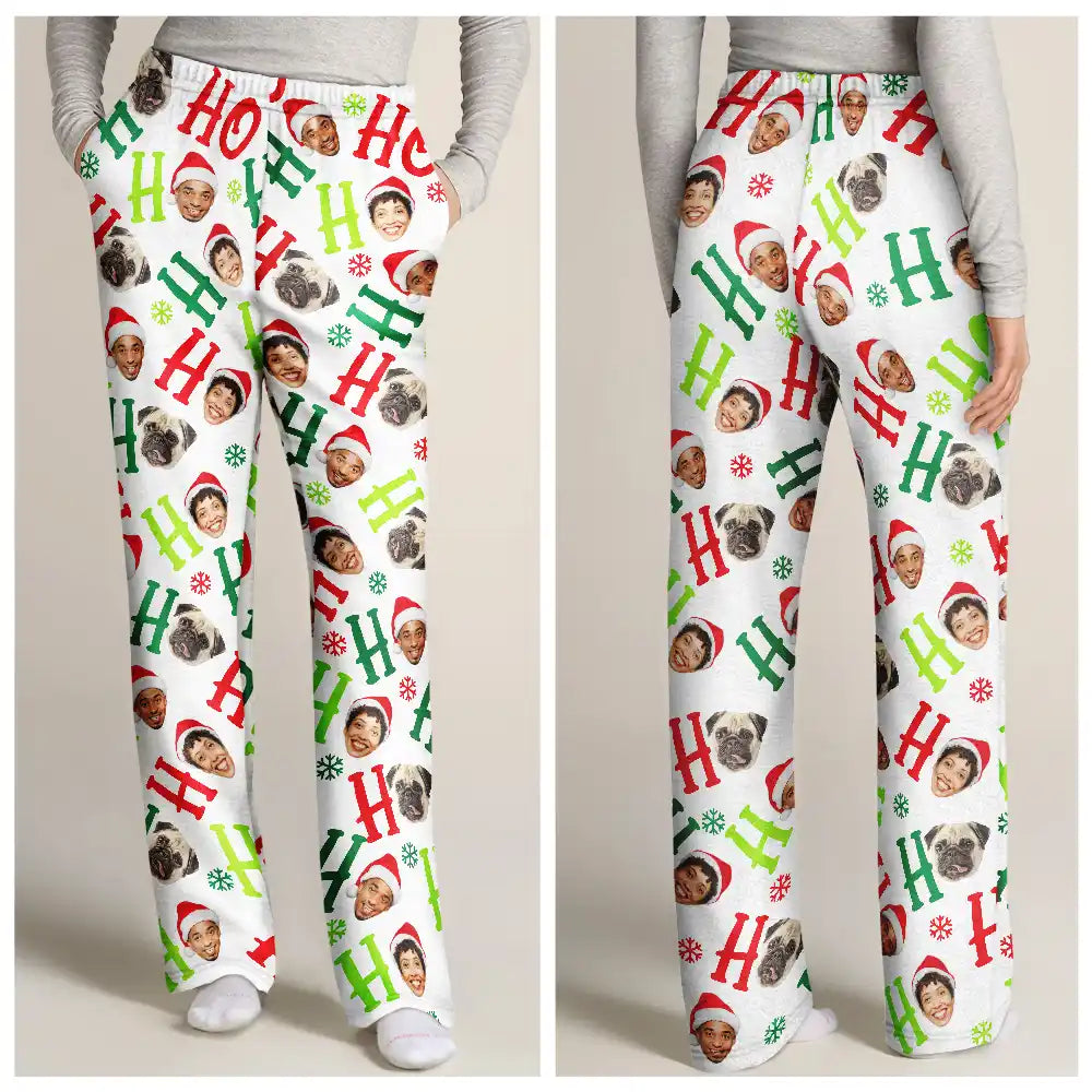 Pet Lovers, Dog Lovers, Cat Lovers - Custom Photo Funny Dog Cat Pet Human Faces Ho Ho Ho Christmas - Personalized Pajama Pants