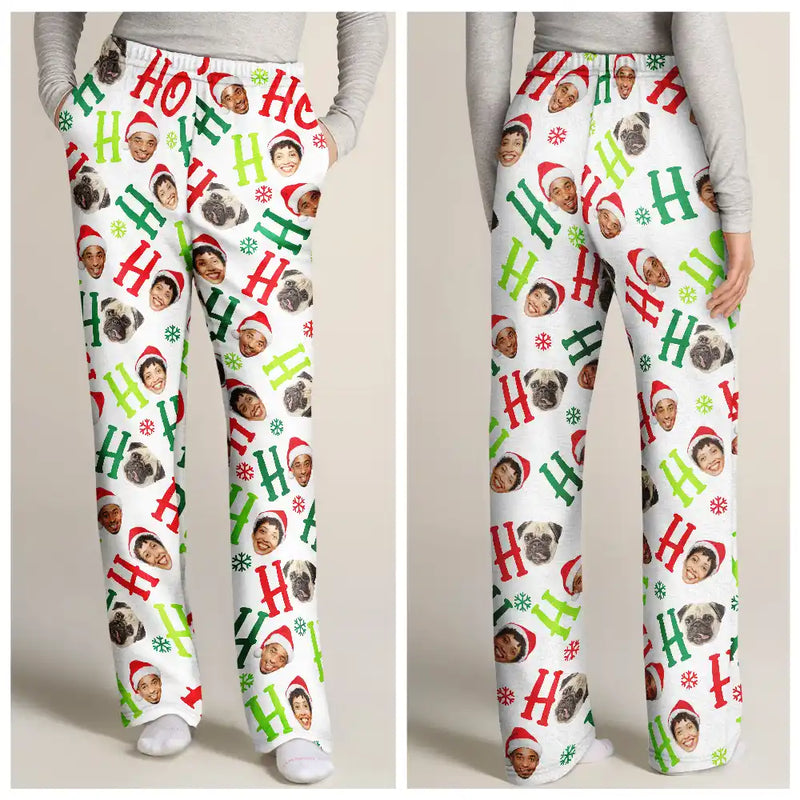 Pet Lovers, Dog Lovers, Cat Lovers - Custom Photo Funny Dog Cat Pet Human Faces Ho Ho Ho Christmas - Personalized Pajama Pants