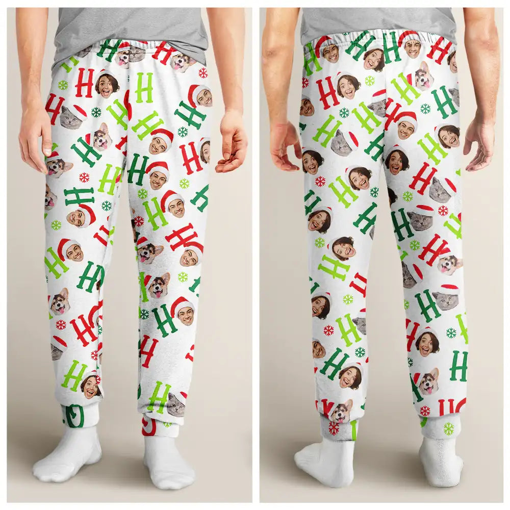 Pet Lovers, Dog Lovers, Cat Lovers - Custom Photo Funny Dog Cat Pet Human Faces Ho Ho Ho Christmas - Personalized Pajama Pants