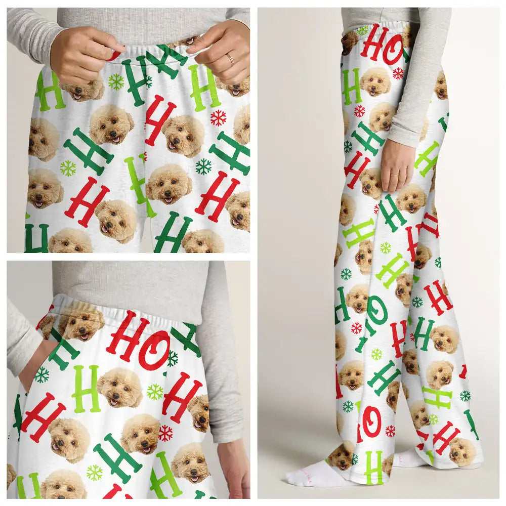Pet Lovers, Dog Lovers, Cat Lovers - Custom Photo Funny Dog Cat Pet Human Faces Ho Ho Ho Christmas - Personalized Pajama Pants