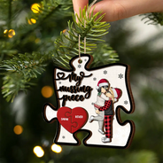 Gift For Couples, Gift For Husband, Gift For Wife, Gift For Boyfriend, Gift For Girlfriend - Christmas Couple Hugging Kissing My Missing Piece - Personalized 2-Layered Wooden Ornament