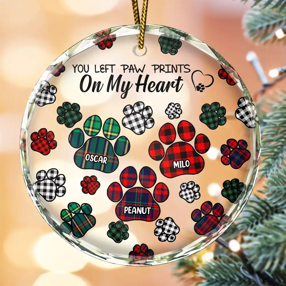 Memorial, Pet Lovers, Dog Lovers, Cat Lovers - Memorial Dog Cat You Left Paw Prints On My Heart - Personalized Circle Glass Ornament