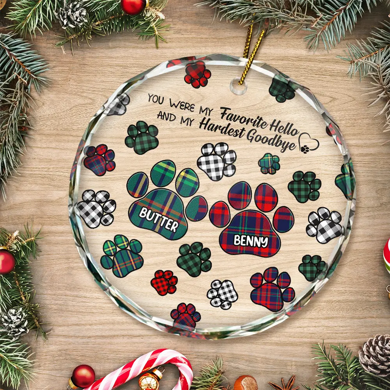 Memorial, Pet Lovers, Dog Lovers, Cat Lovers - Memorial Dog Cat You Left Paw Prints On My Heart - Personalized Circle Glass Ornament