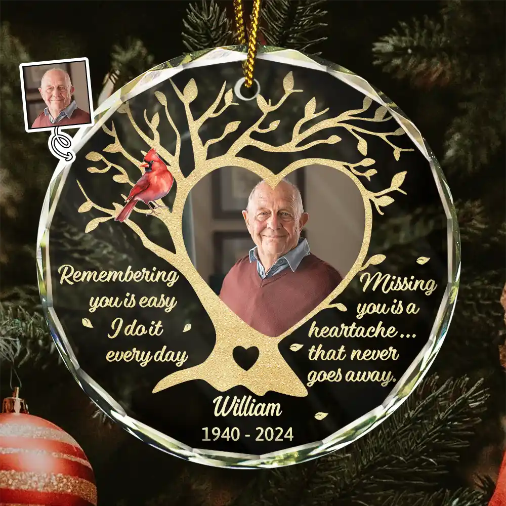 Memorial, Family - Custom Photo Memorial Remembering You Is Easy - Personalized Circle Glass Ornament