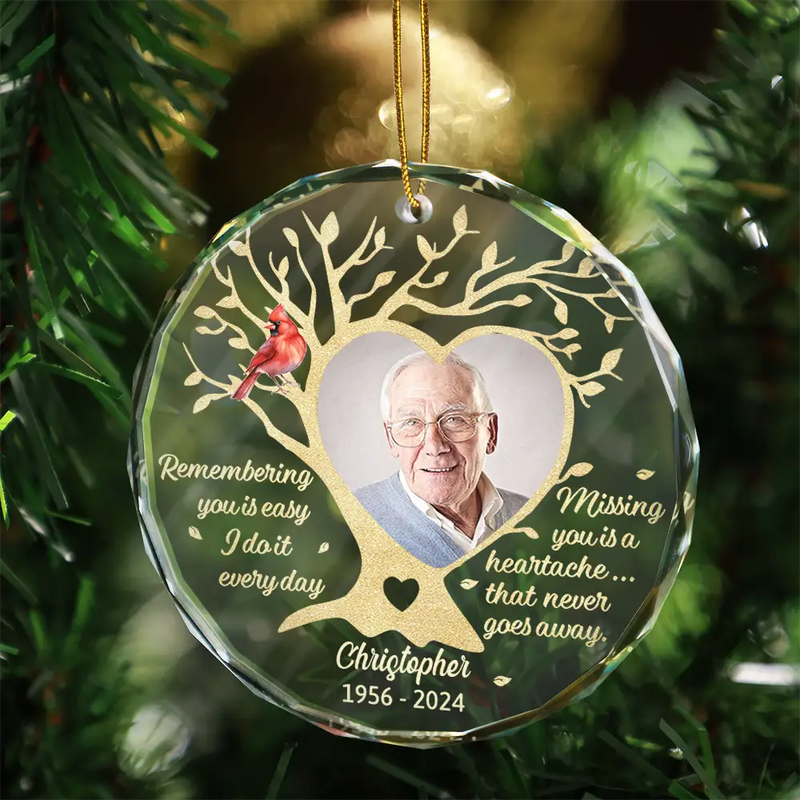 Memorial, Family - Custom Photo Memorial Remembering You Is Easy - Personalized Circle Glass Ornament