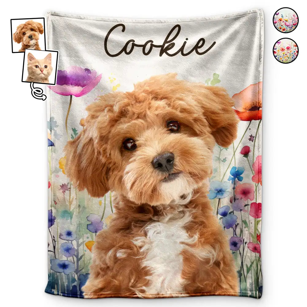 Custom Photo Dog Cat Pet Watercolor Wildflowers - Personalized Fleece Blanket, Sherpa Blanket