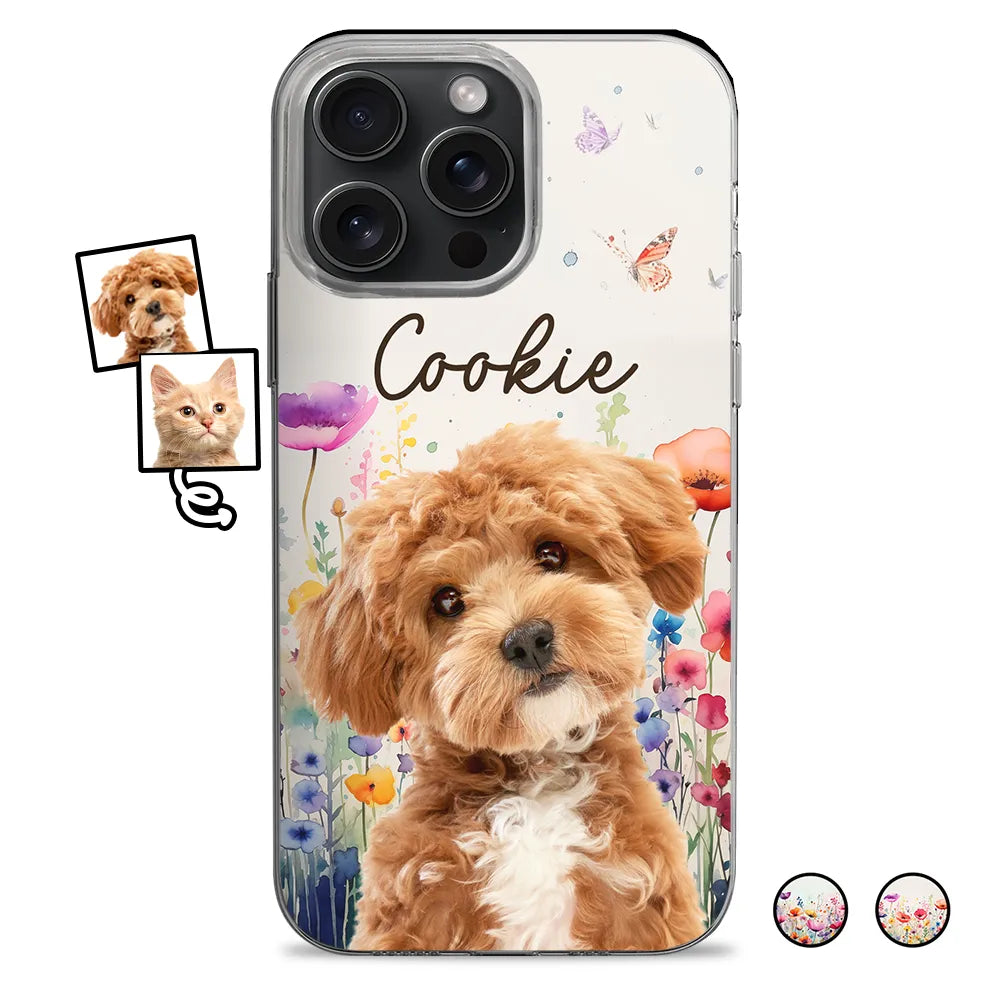 Custom Photo Dog Cat Pet Watercolor Wildflowers - Personalized Clear Phone Case