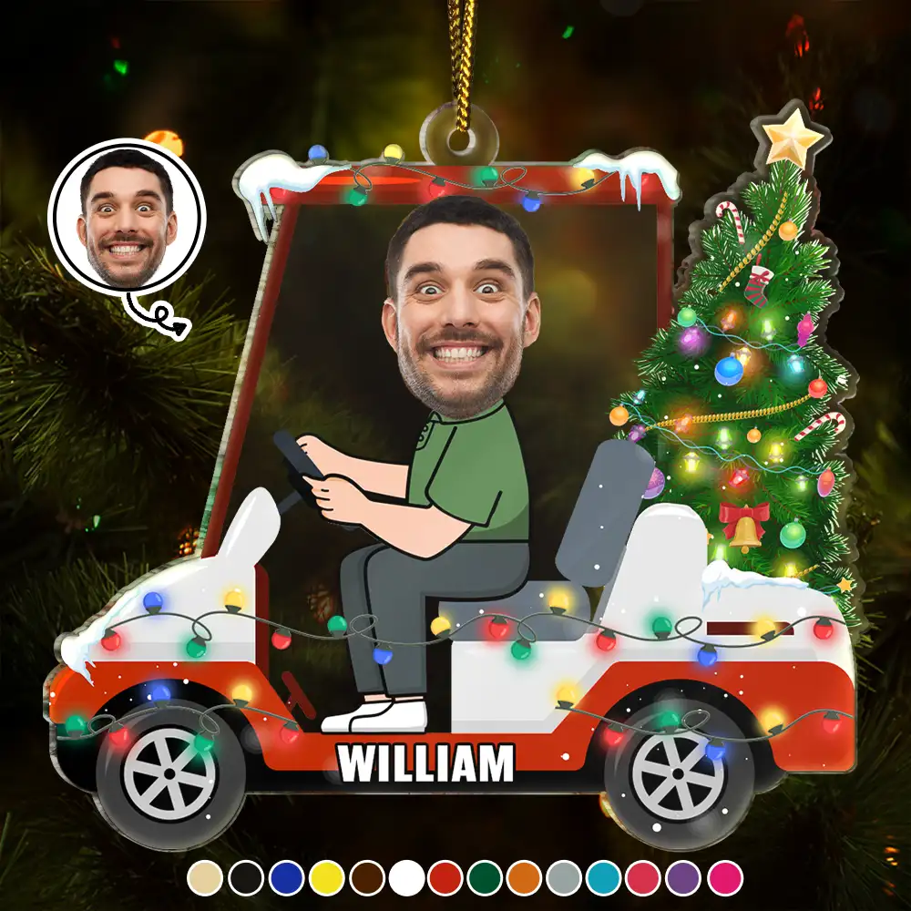 Custom Photo Funny Face Golf Cart - Personalized Custom Shaped Acrylic Ornament