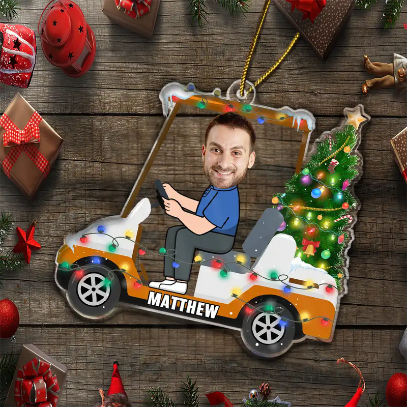 Golf, Gift For Yourself - Custom Photo Funny Face Golf Cart - Personalized Custom Shaped Acrylic Ornament