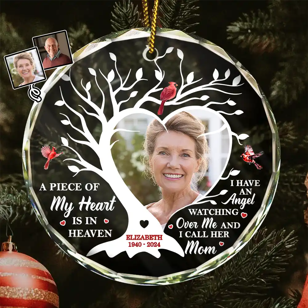 Custom Photo A Piece Of My Heart Is In Heaven Memorial - Personalized Circle Glass Ornament
