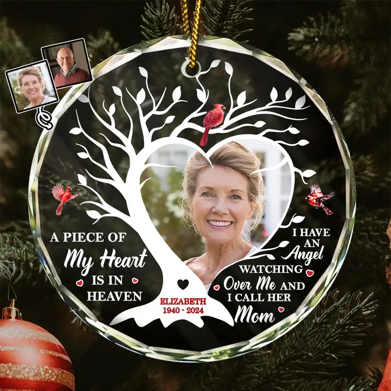 Memorial - Custom Photo A Piece Of My Heart Is In Heaven Memorial - Personalized Circle Glass Ornament
