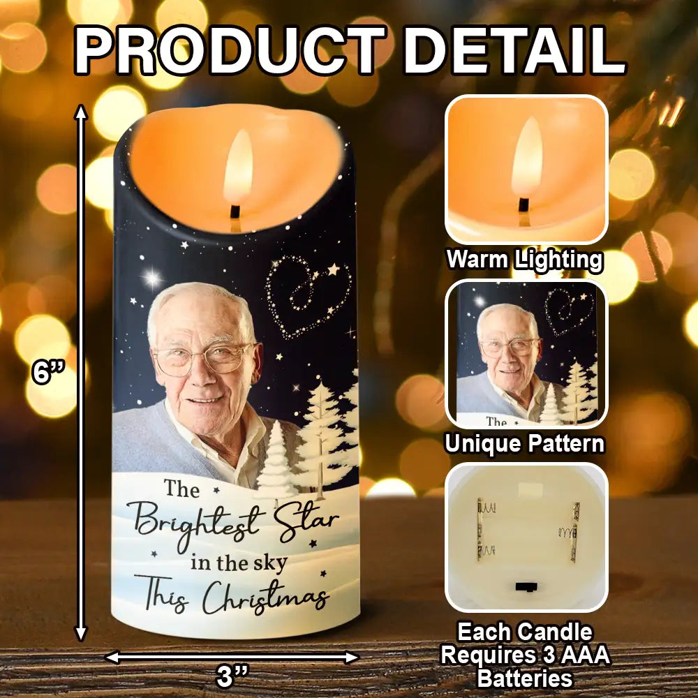 Memorial - Custom Photo The Brightest Star In The Sky Memorial Family - Personalized Flameless LED Candle