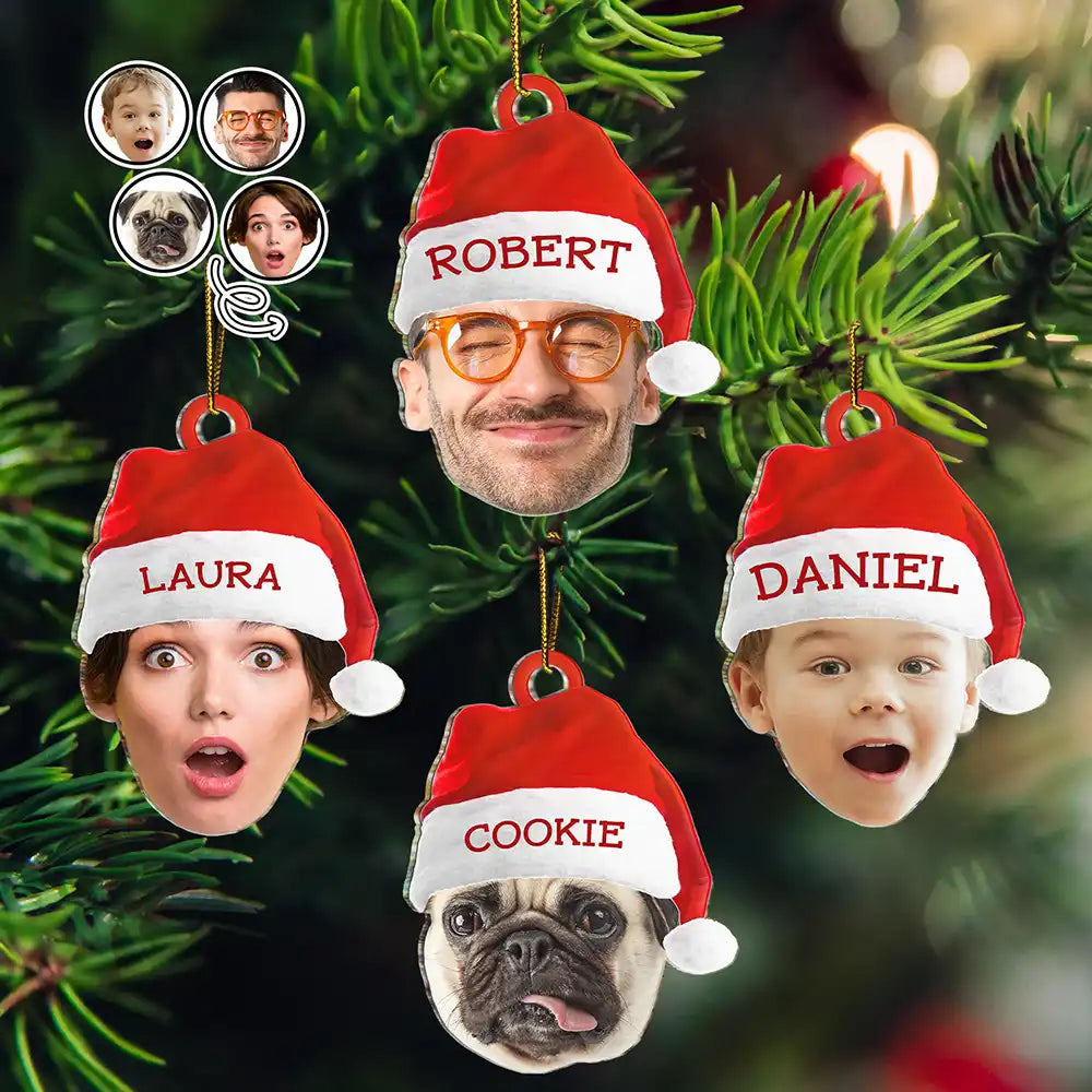 Custom Photo Funny Family Face With Santa's Hat - Personalized Cutout Acrylic Ornament