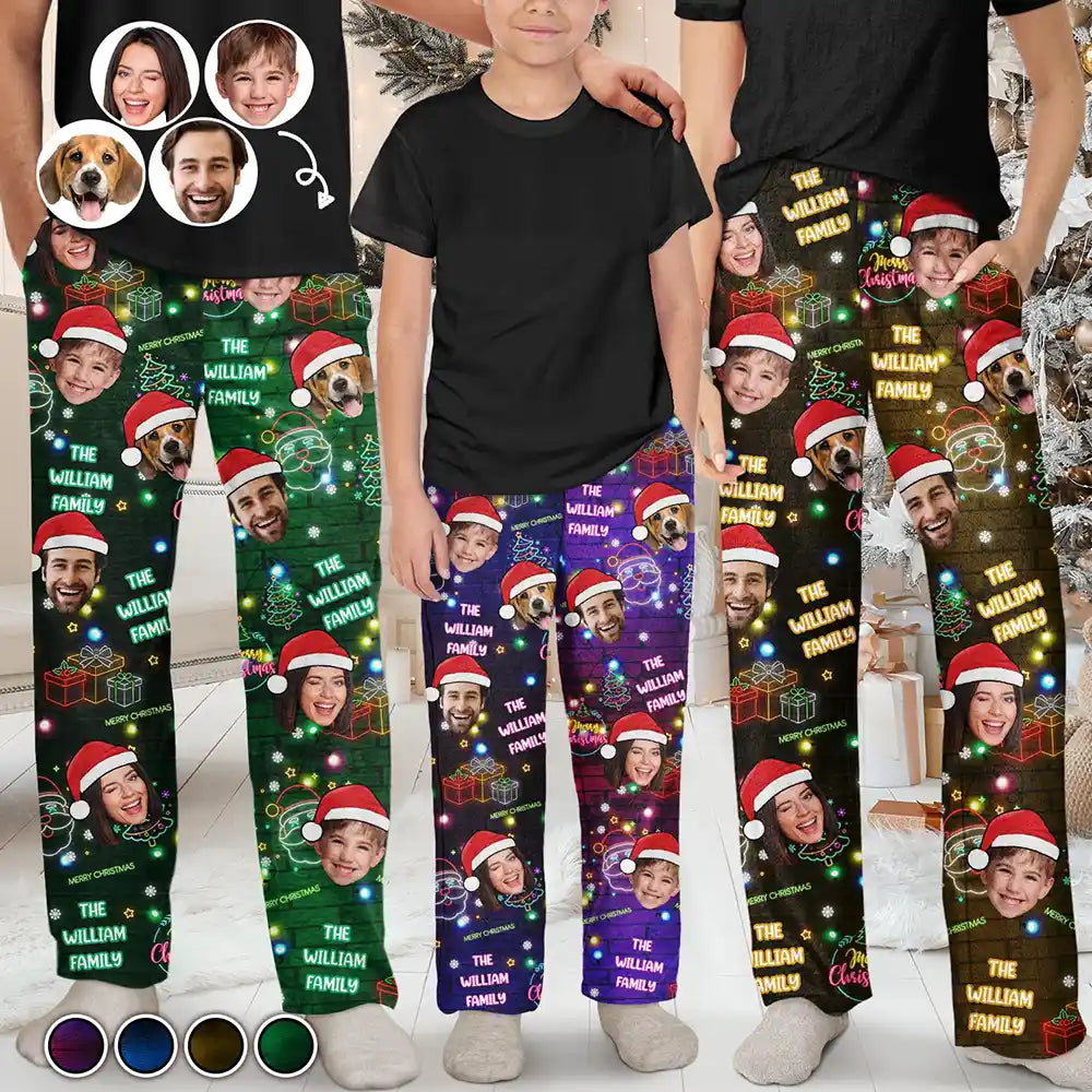 Custom Photo Funny Family Pet Face Neon Light Style - Personalized Pajama Pants