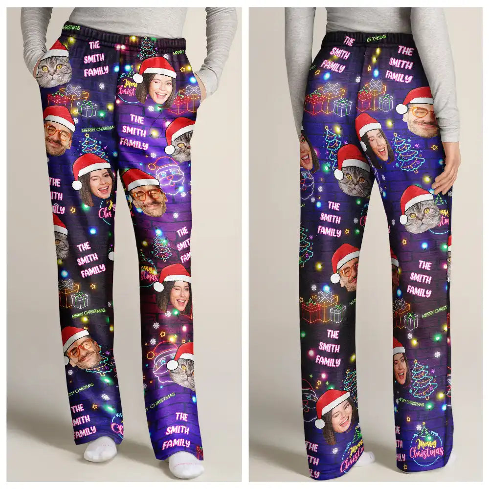 Family, Gift For Kids, Pet Lovers, Dog Lovers, Cat Lovers - Custom Photo Funny Family Pet Face Neon Light Style - Personalized Pajama Pants