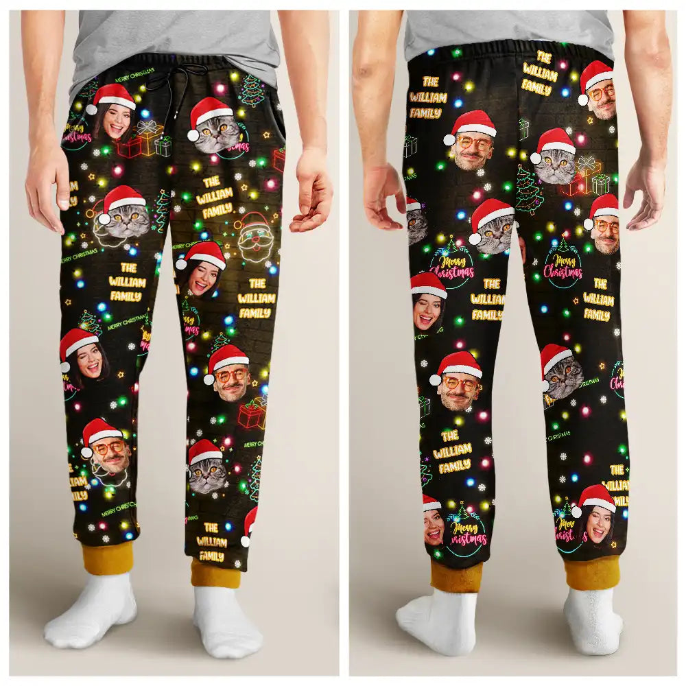 Family, Gift For Kids, Pet Lovers, Dog Lovers, Cat Lovers - Custom Photo Funny Family Pet Face Neon Light Style - Personalized Pajama Pants