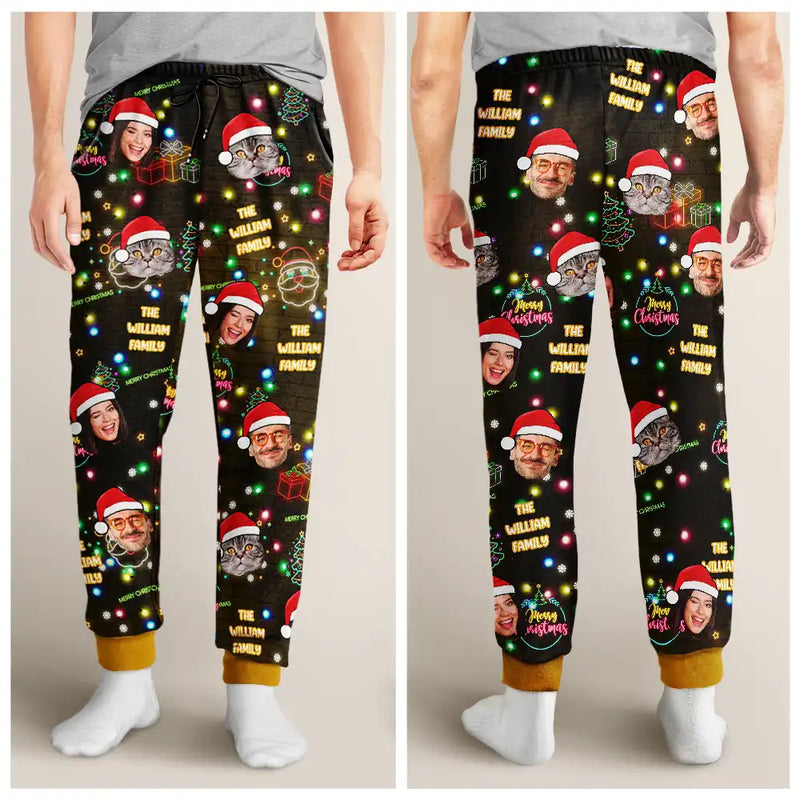 Family, Gift For Kids, Pet Lovers, Dog Lovers, Cat Lovers - Custom Photo Funny Family Pet Face Neon Light Style - Personalized Pajama Pants