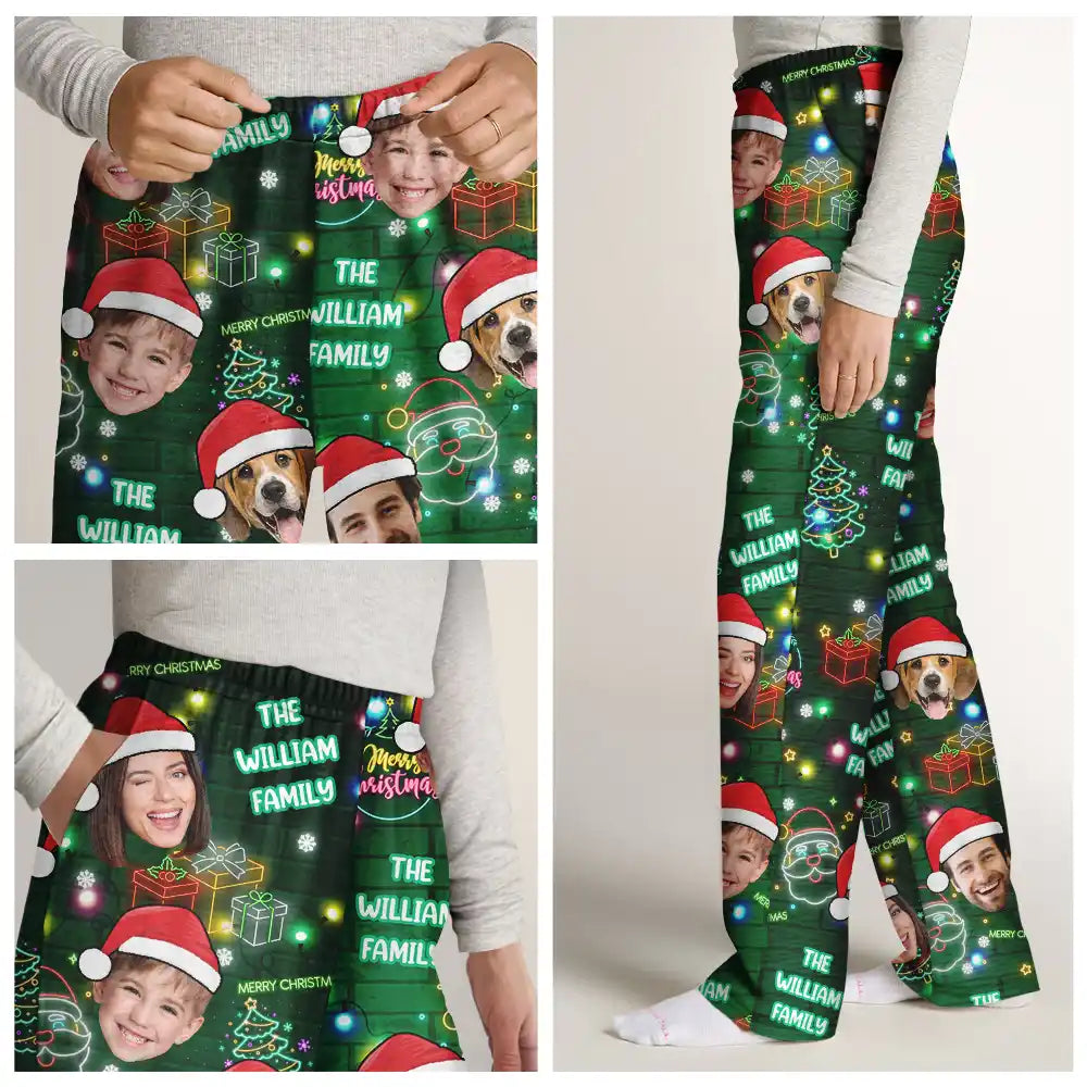 Family, Gift For Kids, Pet Lovers, Dog Lovers, Cat Lovers - Custom Photo Funny Family Pet Face Neon Light Style - Personalized Pajama Pants